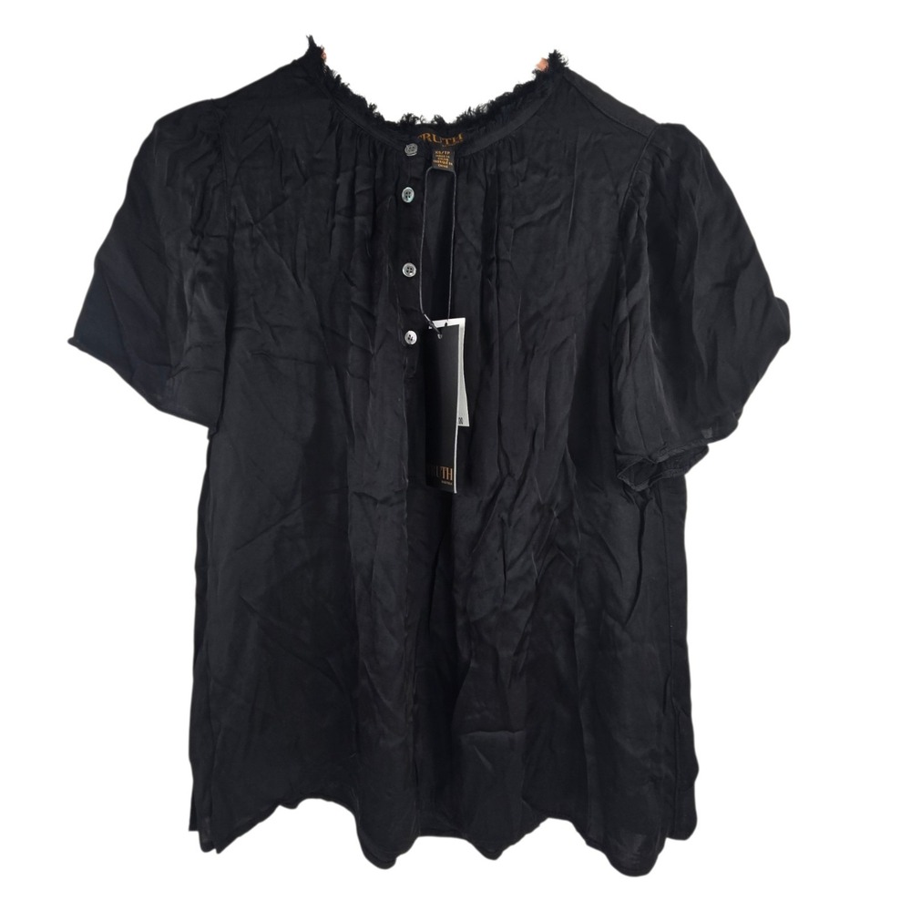 Truth by Republic Rayon Black 1/4 Button Short Sleeve Blouse Raw Hem Collar XS